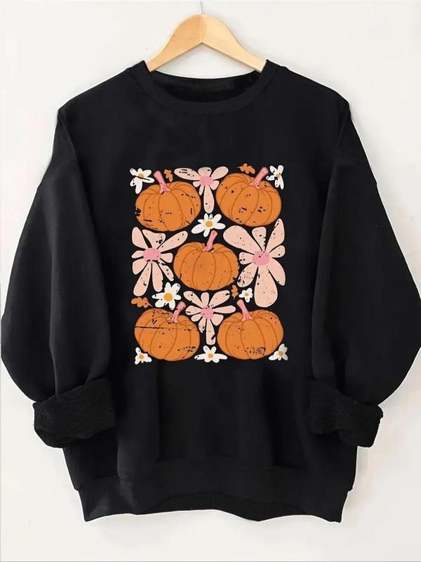 Women's Floral & Pumpkin Print Crew Neck Sweatshirt, Casual Long Sleeve Pullover for Fall & Winter, Women's Clothes for...