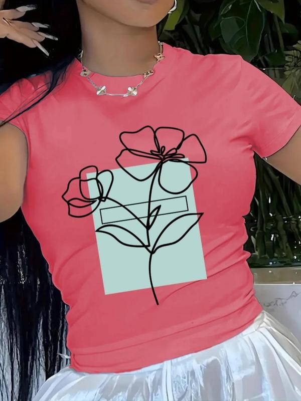 Women's Floral & Rectangle Print Round Neck Tee, Casual Short Sleeve T-Shirt for Summer, Ladies Clothes for Daily Wear...