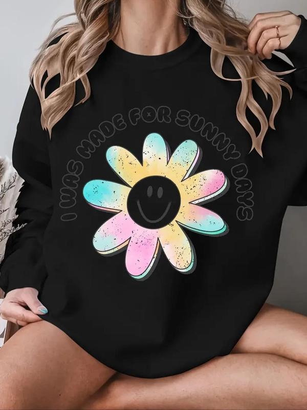 Women's Floral & Smile Face Print Round Neck Sweatshirt, 1 Count Casual Long Sleeve Pullover for Fall & Winter, Women's...