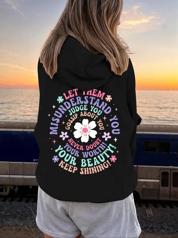 Women's Floral & Star Print Drop Shoulder Hoodie, Fashion Casual Letter Print Drawstring Pocket Hooded Sweatshirt for...