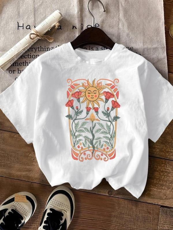 Women's Floral & Sun Print Round Neck Tee, Casual Short Sleeve Crew Neck T-shirt for Summer, Fashion Women's Top for...