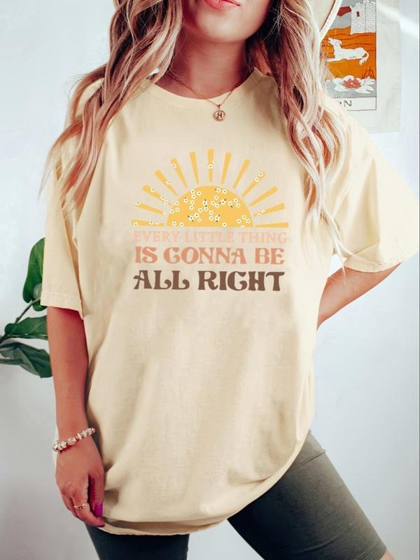 Women's Floral & Sun Print Round Neck Tee, Trendy Casual Slogan Graphic Drop Shoulder Half Sleeve T-shirt for Daily Wear,...