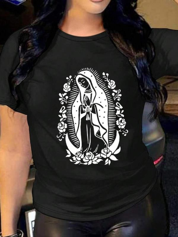 Women's Floral & Virgin Mary Print Round Neck Tee, Casual Short Sleeve Crew Neck T-Shirt for Summer, Fashion Women's Top...