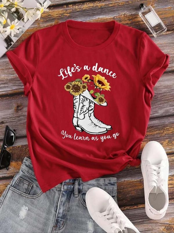 Women's Floral Boot Letter Print Round Neck Graphic Tee, Vintage Trendy Casual Short Sleeve T-shirt for Daily Wear,...
