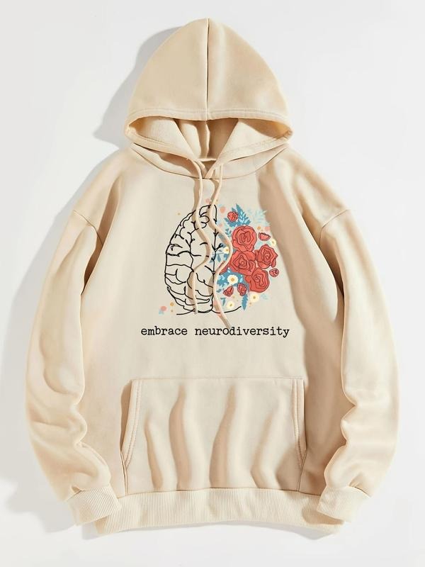 Women's Floral Brain & Letter Print Drop Shoulder Drawstring Hoodie, Fashion Casual Pocket Hooded Sweatshirt for Daily...
