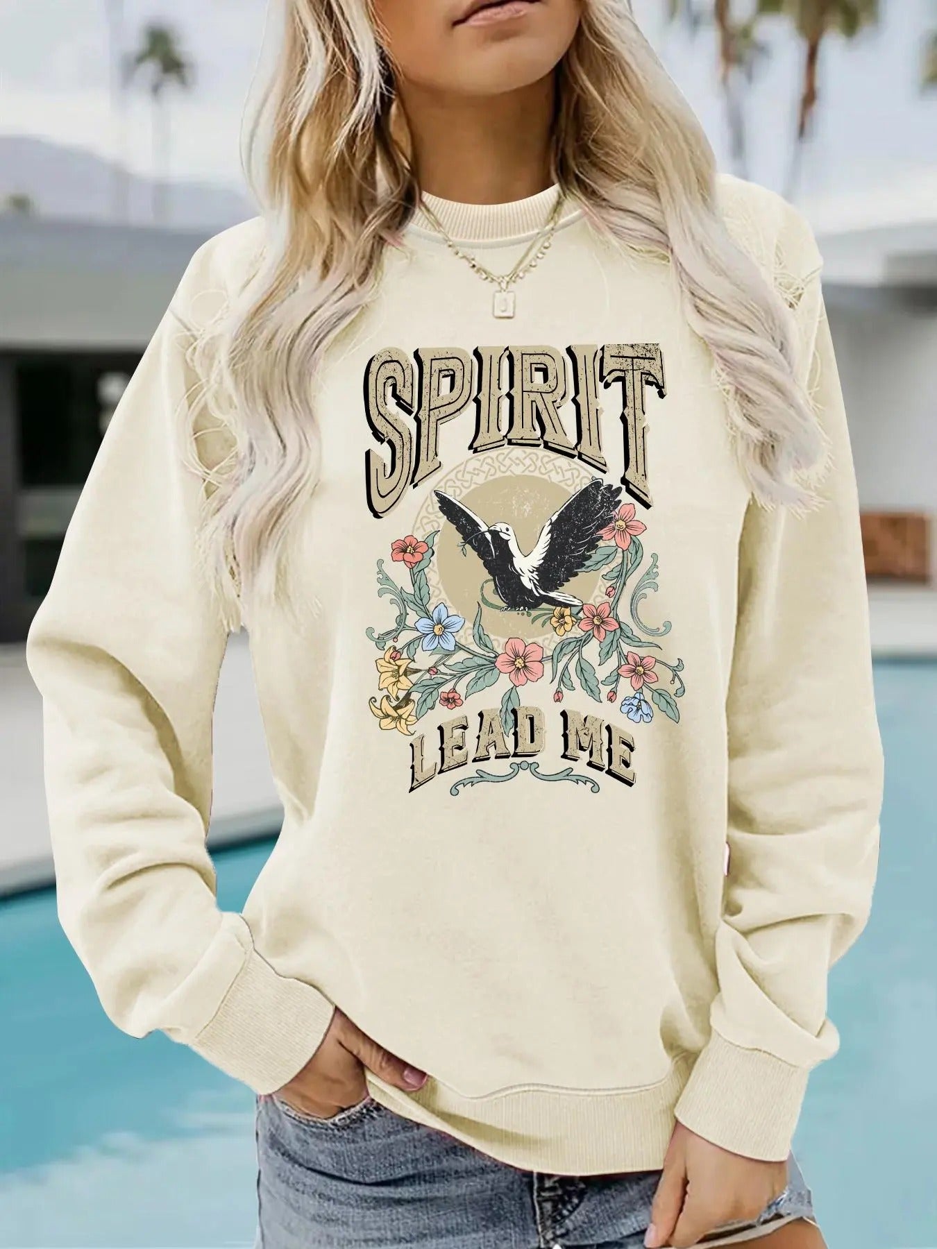 Women's Floral Eagle & Letter Print Crew Neck Sweatshirt, Casual Long Sleeve Pullover for Spring, Fashion Women's Top for...
