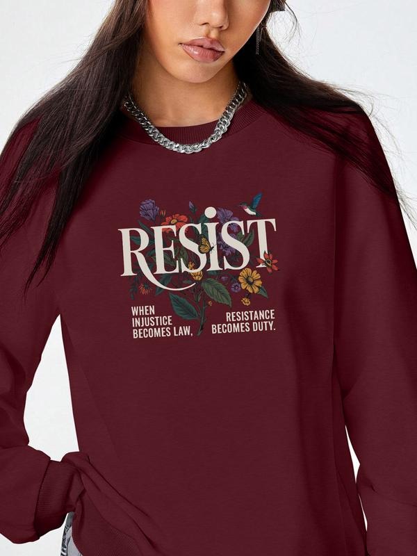 Women's Floral Letter Print Long Sleeve Pullover Sweatshirt, Casual Fitted Round Neck Top, Fall & Winter Fashion, 7...