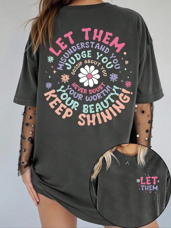 Women's Floral Letter Print T-Shirt, Casual Loose-Fit Short Sleeve Top, All-Season Fashion Tee, Perfect Gift for Mom...