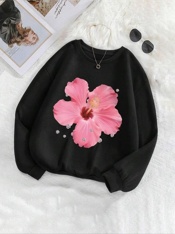 Women's Floral Lined Drop Print Thermal Shoulder Sweatshirt, Casual Long Sleeve Round Neck Pullover for Fall & Winter,...