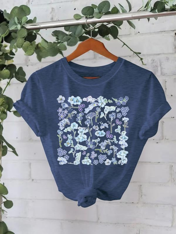 Women's Floral Print Casual Summer Top, Round Neck Short Sleeve T-Shirt, Comfortable Breathable Fit S-Xxl Hoodie, Sweatshirt