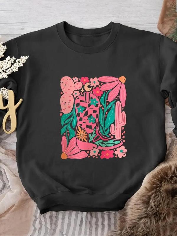 Women's Floral Print Crew Neck Sweatshirt, Casual Long Sleeve Pullover for Fall & Winter, Women's Clothes for Daily Wear...