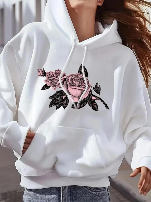 Women's Floral Print Drawstring Hoodie, Fashion Casual Hooded Sweatshirt for Daily Wear, Ladies' Fall & Winter Tops T-Shirts