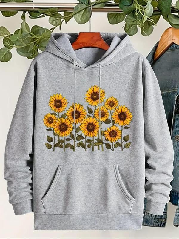 Women's Floral Print Drawstring Kangaroo Pocket Hoodie, Casual Long Sleeve Hooded Sweatshirt for Fall & Winter, Women's...