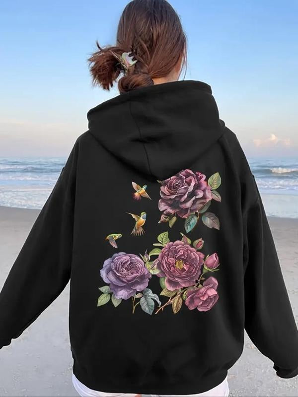 Women's Floral Print Drawstring Pocket Hoodie, Casual Long Sleeve Hooded Sweatshirt for Daily Wear, Ladies Clothes for...