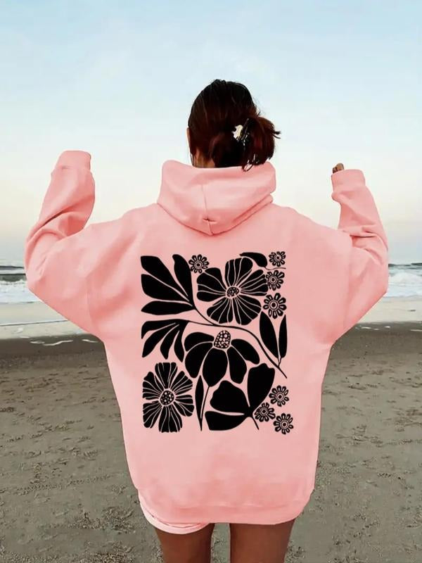 Women's Floral Print Drop Shoulder Drawstring Hoodie, Fashion Casual Kangaroo Pocket Hooded Sweatshirt for Daily Holiday...