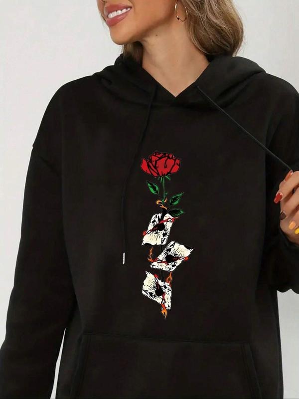 Women's Floral Print Drop Shoulder Drawstring Hoodie, Fashion Casual Pocket Hooded Sweatshirt for Daily Holiday Outdoor...