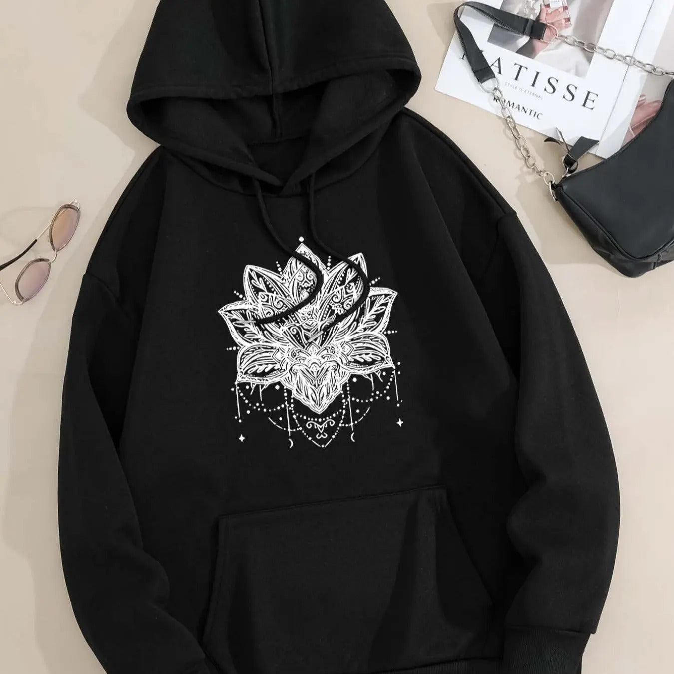 Women's Floral Print Drop Shoulder Drawstring Hoodie, Fashion Casual Pocket Hooded Sweatshirt for Daily Holiday Outdoor...