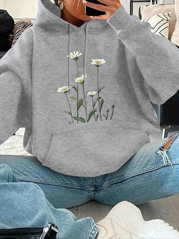 Women's Floral Print Drop Shoulder Drawstring Thermal Lined Hoodie, Fashion Casual Pocket Hooded Sweatshirt for Daily...