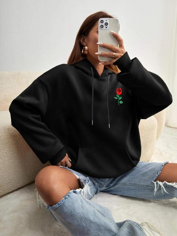 Women's Floral Print Drop Shoulder Hoodie Hooded Sweatshirt, Fashion Casual Drawstring Pocket Hooded Sweatshirt for Daily...