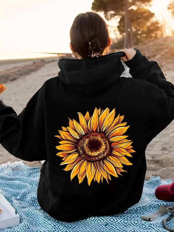 Women's Floral Print Drop Shoulder Hoodie, Fashion Casual Drawstring Pocket Hooded Sweatshirt for Daily Holiday Outdoor...