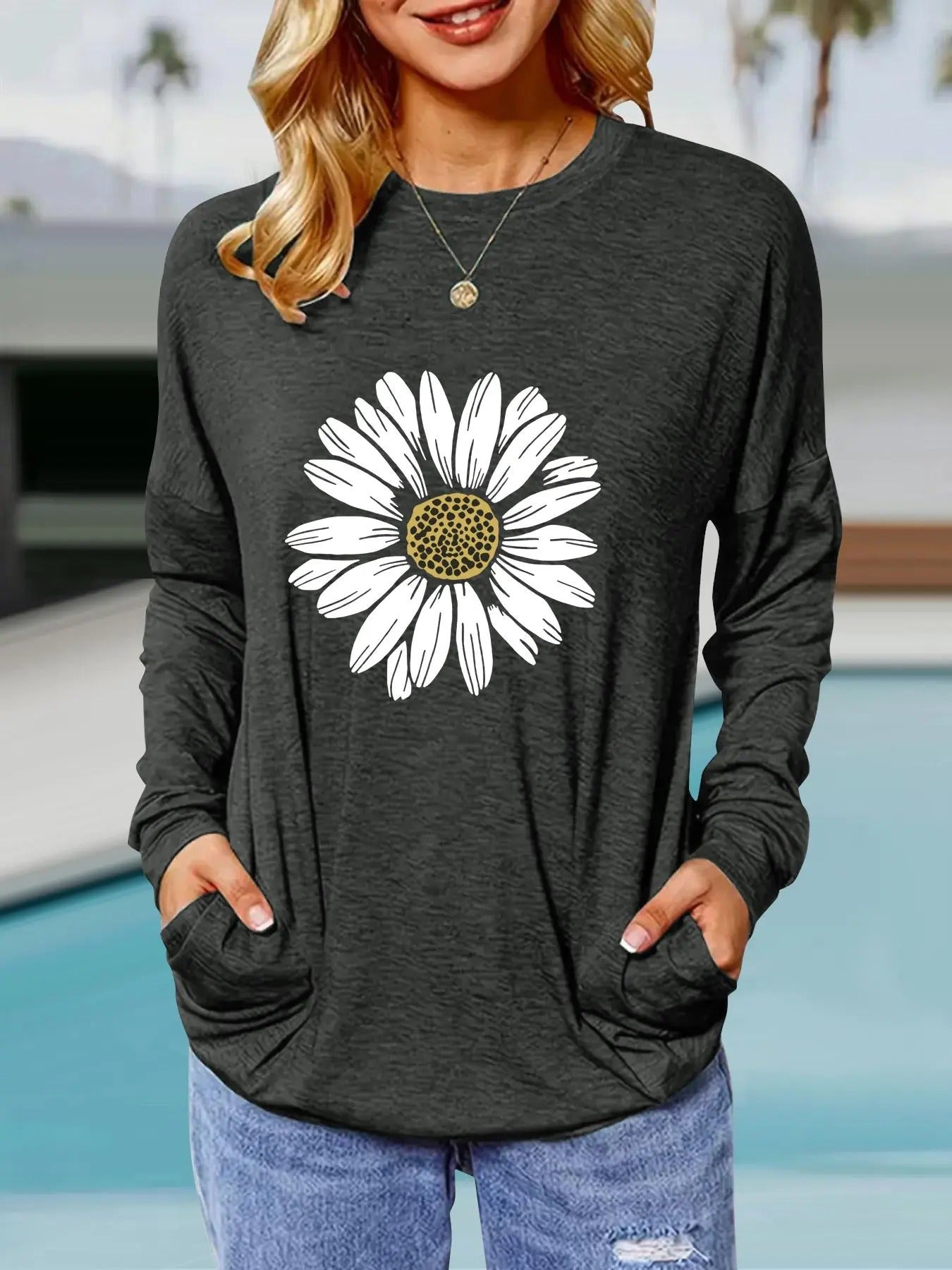 Women's Floral Print Drop Shoulder Pocket Tee, Casual Long Sleeve Round Neck T-shirt for Spring & Fall, Women's Top for...