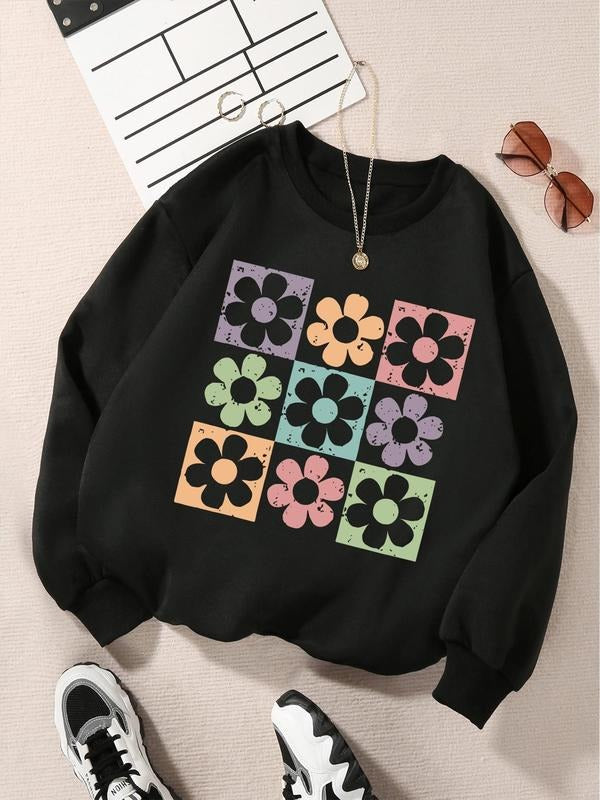 Women's Floral Print Drop Shoulder Sweatshirt, Casual Long Sleeve Round Neck Pullover for Fall & Winter, Women's Clothes...
