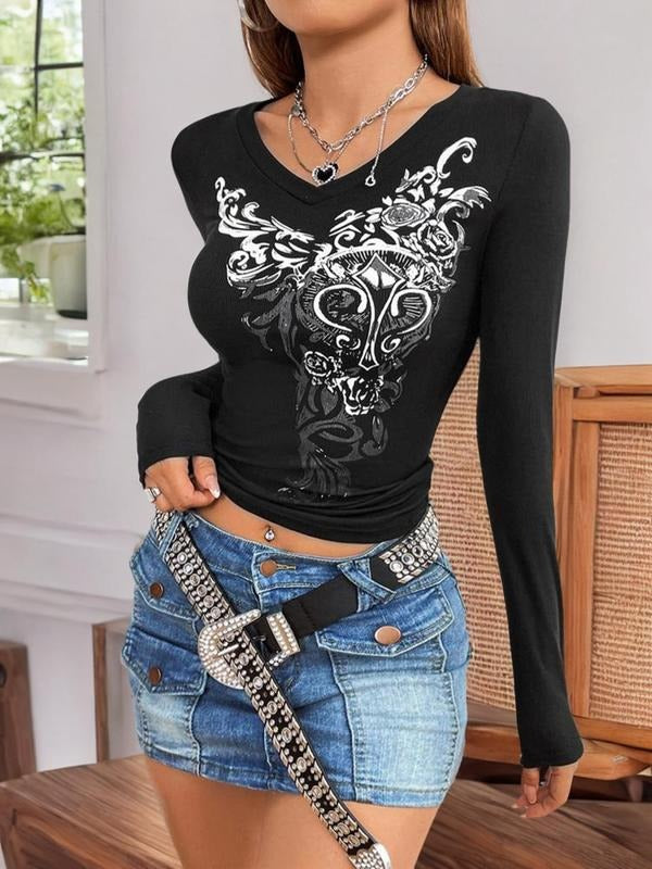 Women's Floral Print Long Sleeve Casual Vintage 90s Graphic Tees, Gothic Graphic V Neck T-shirt, Lady Women's Streetwear...