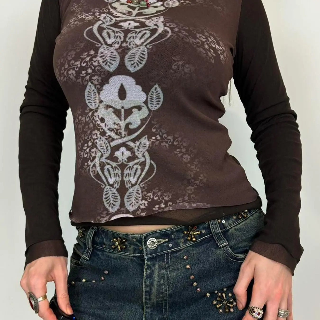 Women's Floral Print Mock Neck Tee, Vintage Long Sleeve T-shirt for Fall, Women's Top for Daily Wear Hoodie, Sweatshirt