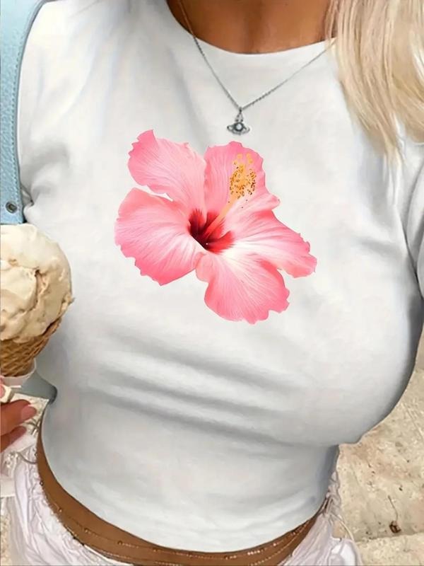 Women's Floral Print Round Neck Crop Tee, Fashion Casual Crew Neck Short Sleeve T-shirt for Daily Holiday Vacation...