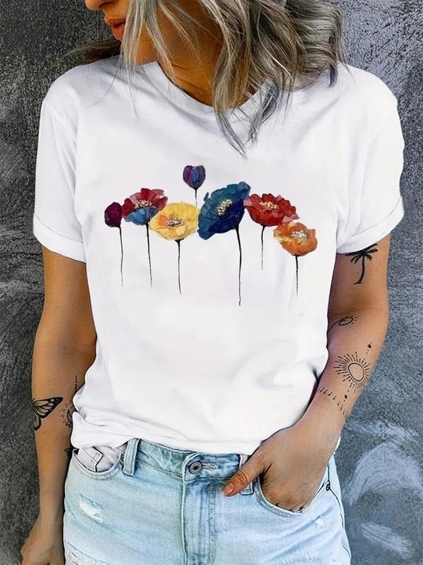 Women's Floral Print Round Neck Graphic Tee, Vintage Trendy Casual Short Sleeve T-shirt For Daily Wear, Ladies Summer...