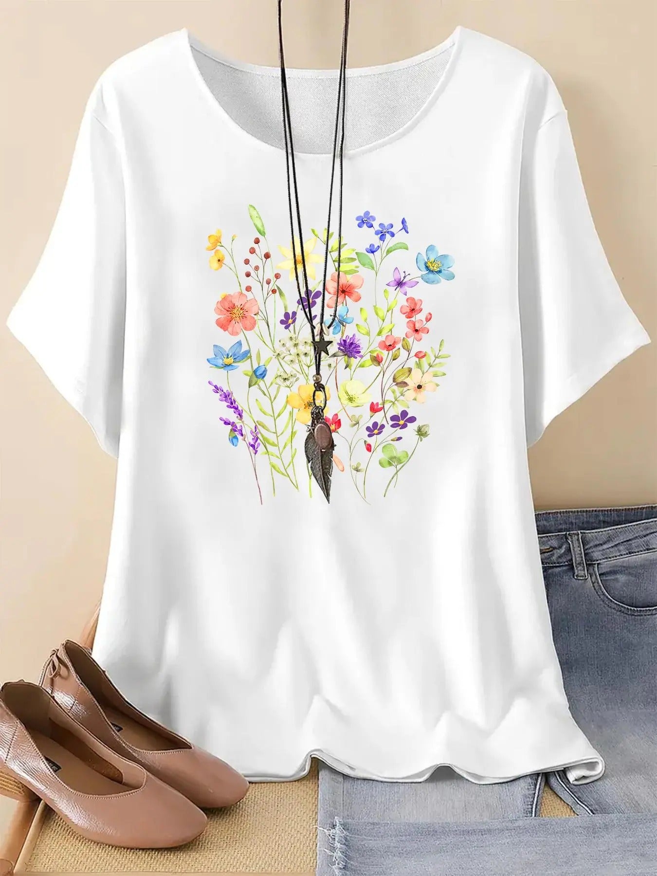 Women's Floral Print Round Neck Graphic Tee, Vintage Trendy Casual Short Sleeve T-shirt For Daily Wear, Ladies Summer...