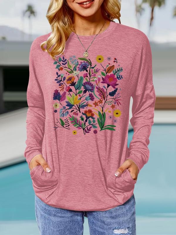 Women's Floral Print Round Neck Long Sleeve Pullover, Casual Loose-Fit T-Shirt with Pockets, Comfortable Spring & Fall...