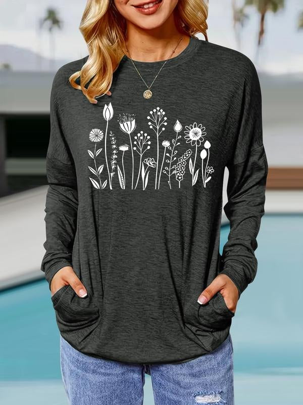 Women's Floral Print Round Neck Long Sleeve Pullover, Casual Loose-Fit T-Shirt with Pockets, Comfortable Spring & Fall...