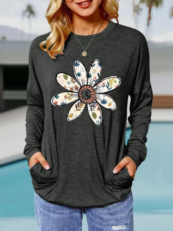 Women's Floral Print Round Neck Long Sleeve Pullover, Casual Loose-Fit T-Shirt with Pockets, Comfortable Spring & Fall...