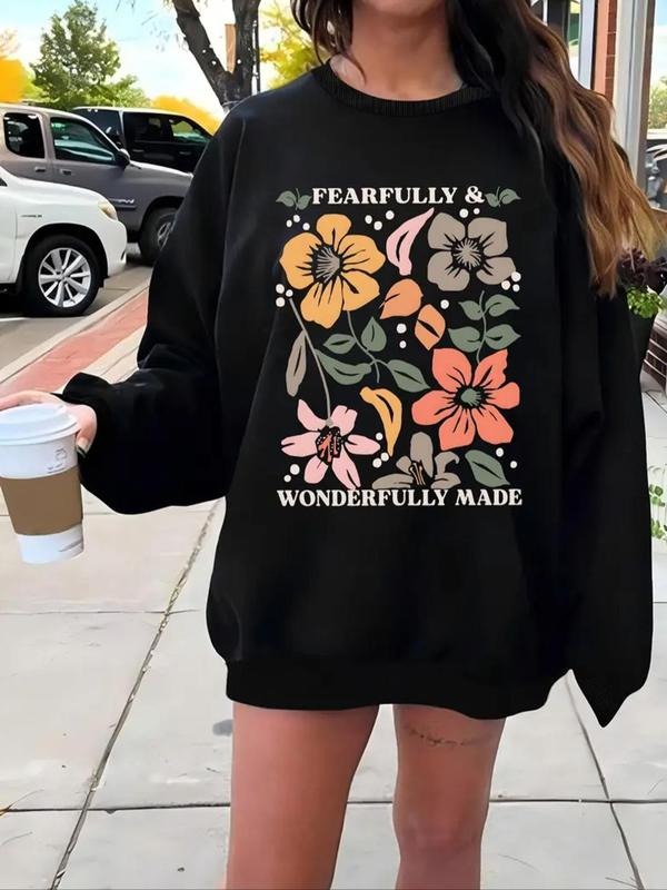 Women's Floral Print Round Neck Pullover Sweatshirt, Casual Long Sleeve Crew Neck Sweatshirt for Fall & Winter, Women's...