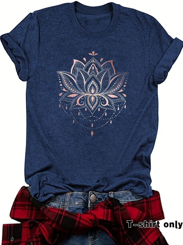 Women's Floral Print Round Neck Tee, Boho Casual Short Sleeve Crew Neck T-Shirt for Summer, Fashion Women's Top for Daily...