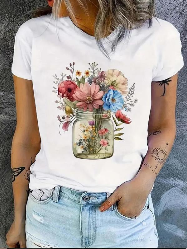 Women's Floral Print Round Neck Tee, Casual Graphic Short Sleeve T-shirt For Daily Wear, Ladies Summer Outfit Hoodie,...
