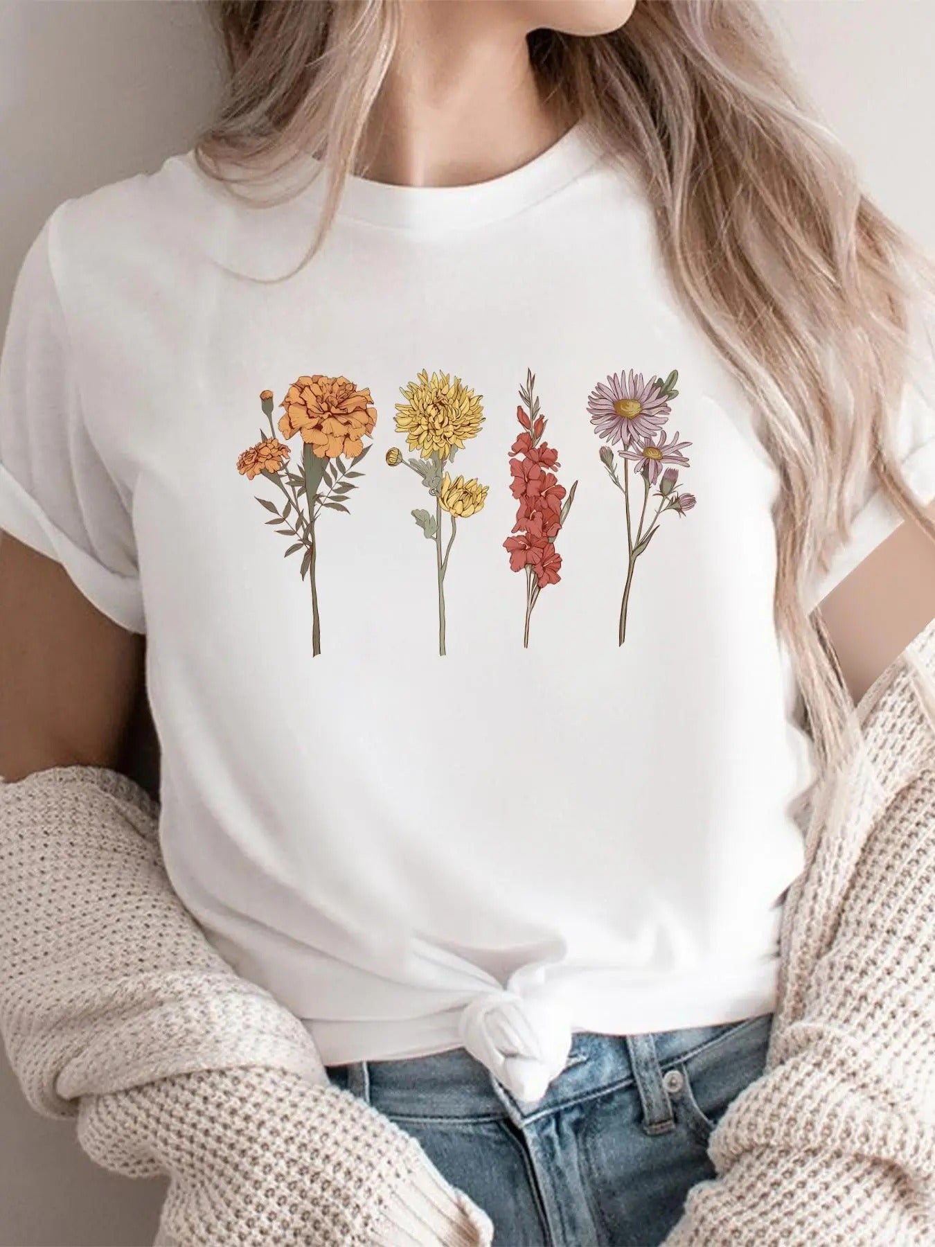 Women's Floral Print Round Neck Tee, Casual Short Sleeve  T-shirt for Summer, Fashion Women's Top for Daily Wear Hoodie,...