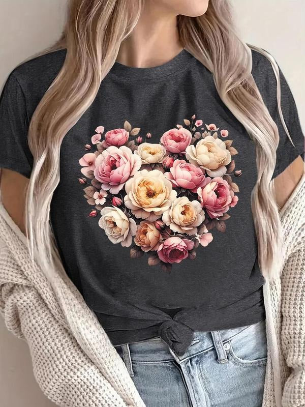 Women's Floral Print Round Neck Tee, Casual Short Sleeve Crew Neck T-Shirt for Spring & Fall, Fashion Women's Top for...