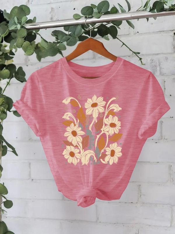 Women's Floral Print Round Neck Tee, Casual Short Sleeve Crew Neck T-Shirt for Spring & Fall, Fashion Women's Top for...
