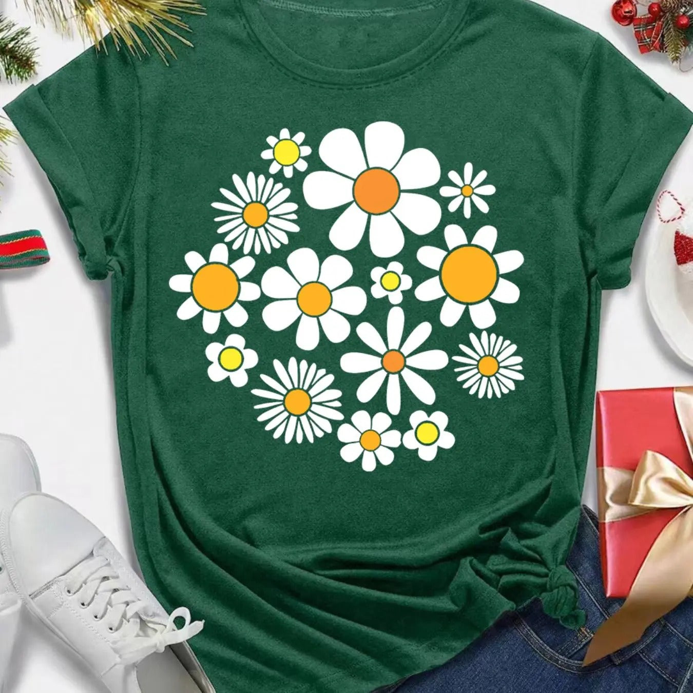 Women's Floral Print Round Neck Tee, Casual Short Sleeve Crew Neck T-Shirt for Summer, Fashion Women's Top for Daily Wear...