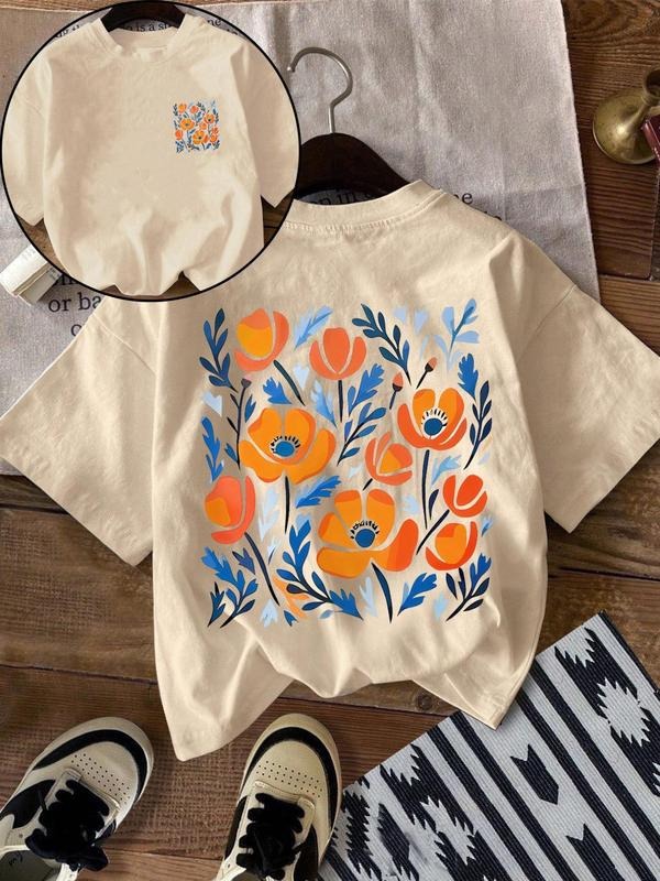 Women's Floral Print Round Neck Tee, Casual Short Sleeve Crew Neck T-Shirt for Summer, Fashion Women's Top for Daily Wear...