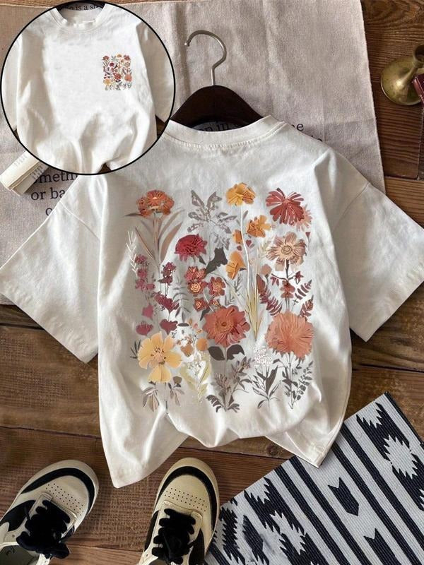 Women's Floral Print Round Neck Tee, Casual Short Sleeve Crew Neck T-Shirt for Summer, Fashion Women's Top for Daily Wear...