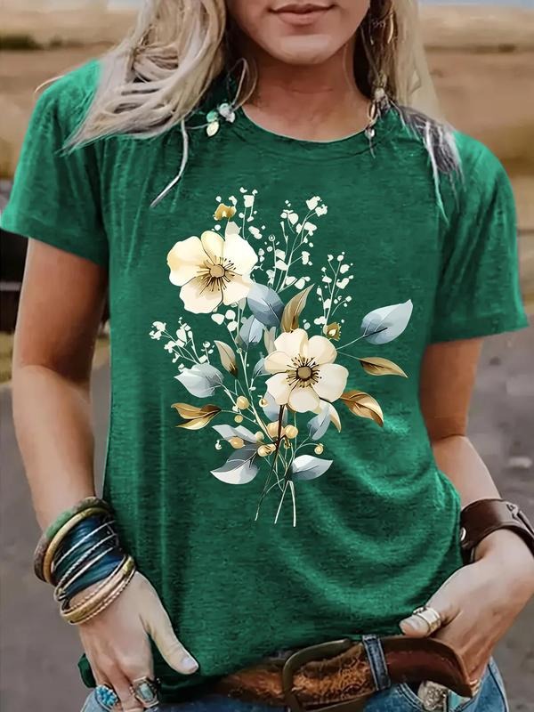 Women's Floral Print Round Neck Tee, Casual Short Sleeve Crew Neck T-Shirt for Summer, Fashion Women's Top for Daily Wear...