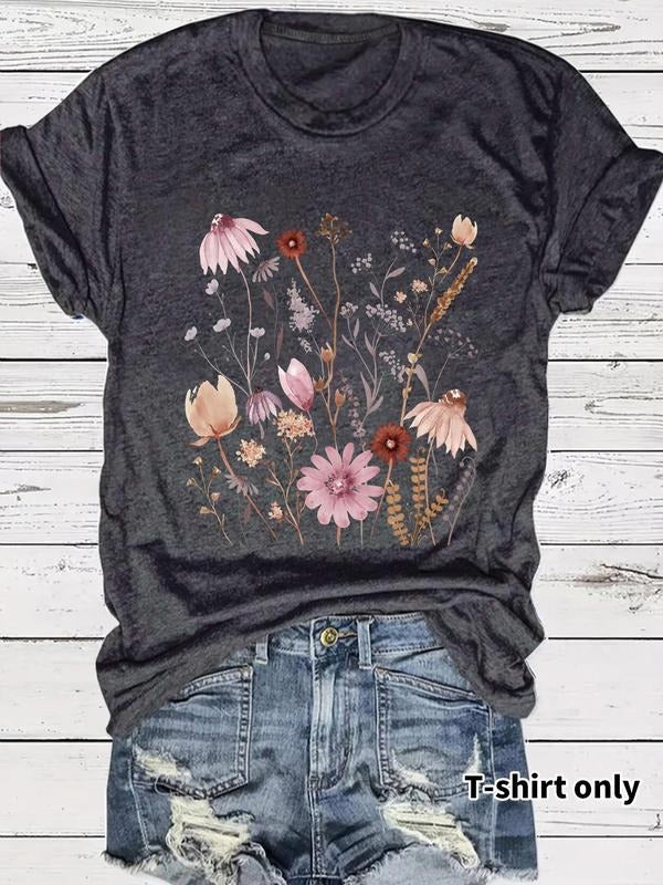 Women's Floral Print Round Neck Tee, Casual Short Sleeve Crew Neck T-Shirt for Summer, Fashion Women's Top for Daily...