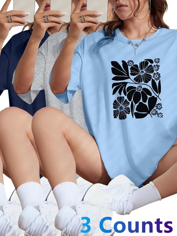 Women's Floral Print Round Neck Tee, Casual Short Sleeve Crew Neck T-shirt for Daily Wear, Ladies Clothes for All...