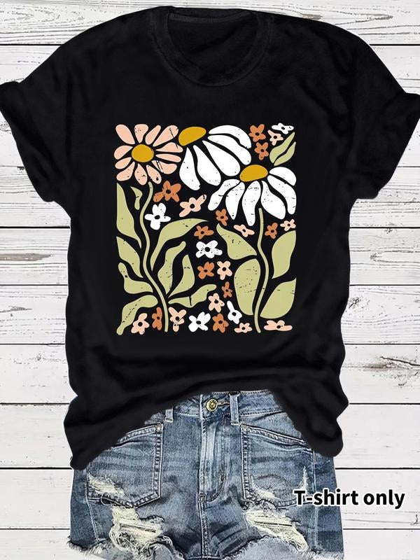 Women's Floral Print Round Neck Tee, Casual Short Sleeve Crew Neck T-shirt for Summer, Fashion Women's Top for Daily Wear...