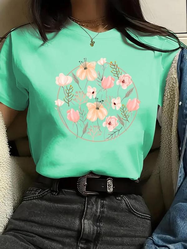 Women's Floral Print Round Neck Tee, Casual Short Sleeve T-shirt for Summer, Ladies Clothes for Daily Wear Hoodie, Sweatshirt
