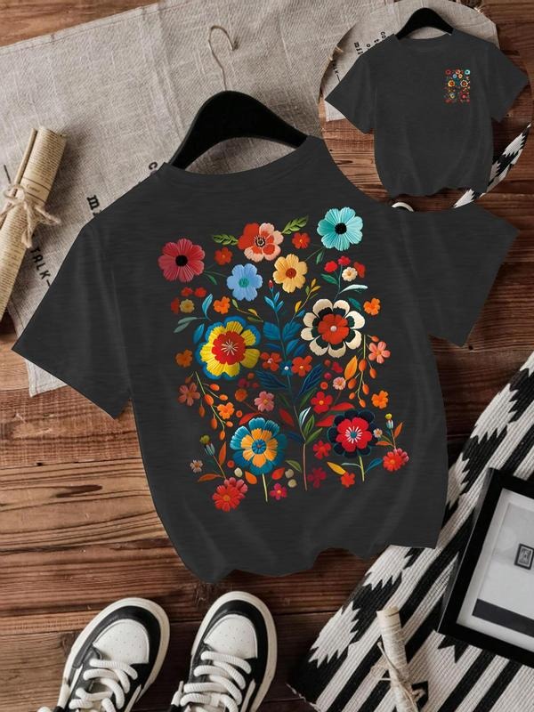 Women's Floral Print Round Neck Tee, Fashion Casual Crew Neck T-Shirt for Daily Holiday Vacation Outdoor Wear, Ladies...