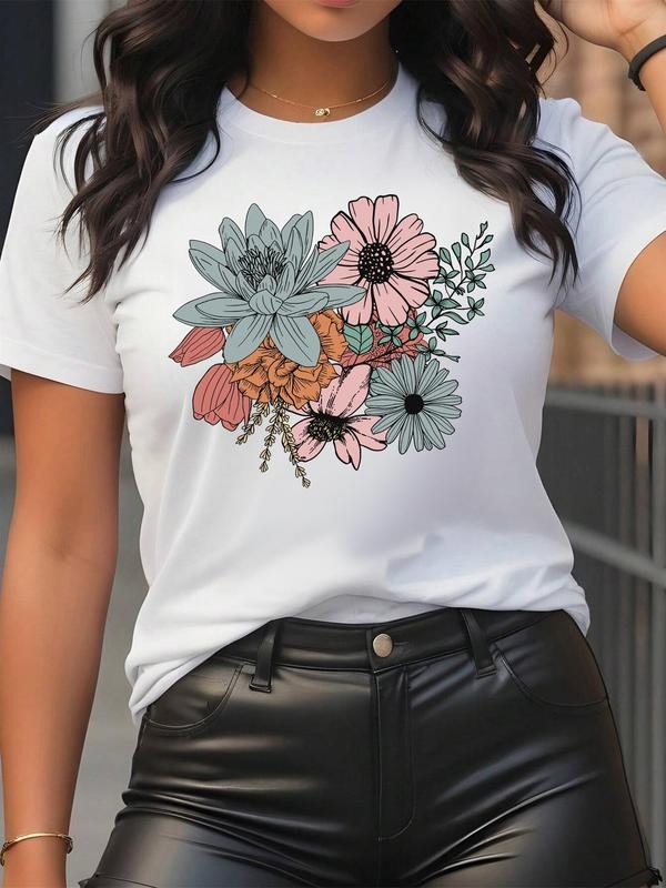 Women's Floral Print Round Neck Tee, Trendy Casual Crew Neck Short Sleeve T-shirt For Daily Wear, Ladies Summer Outfit...